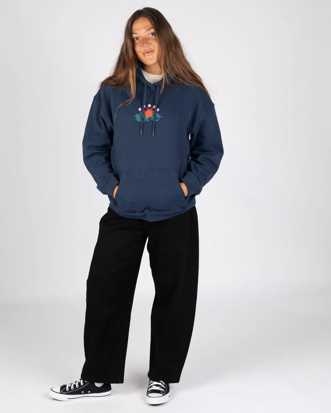 Navy Blue Heavyweight Fleece Hoodie with Embroidered Chest Graphic