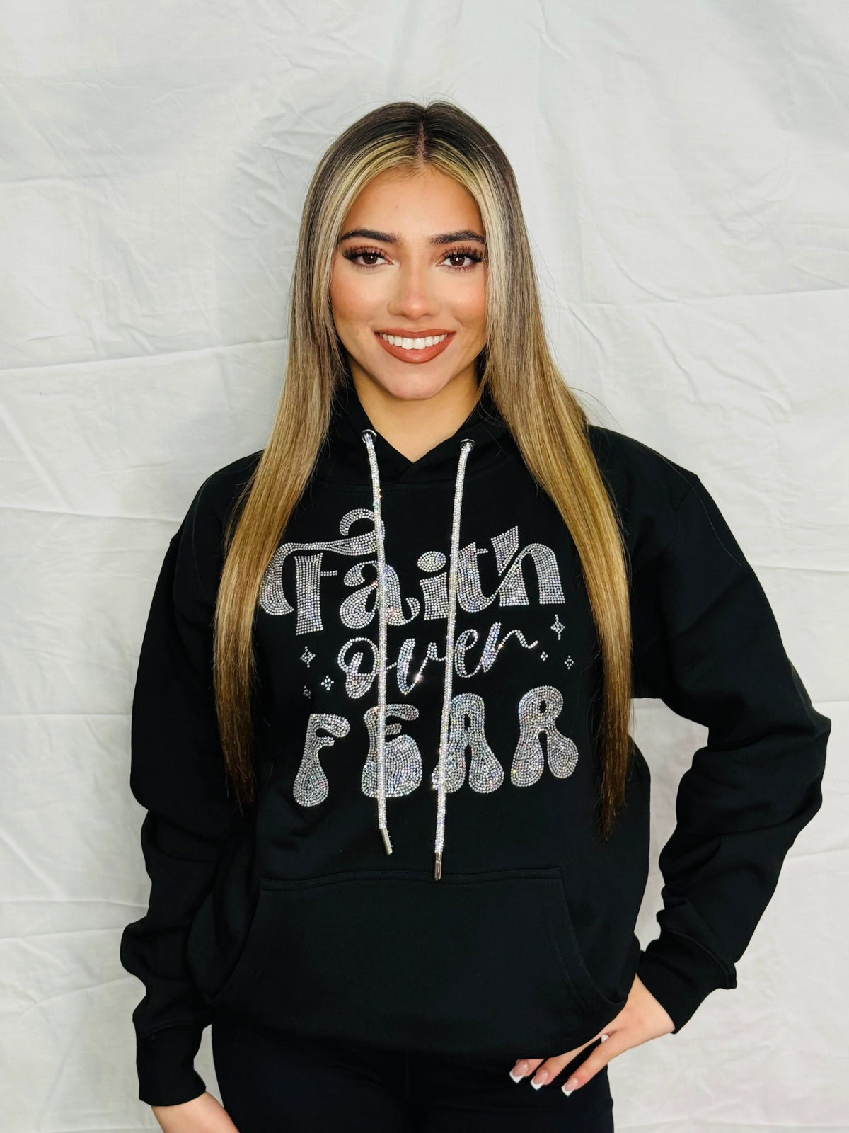 Sparkly Rhinestone Lettered "Faith Over Fear" Heavyweight Fleece Hoodie