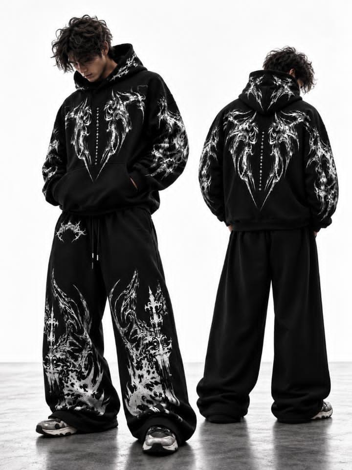 Y2K Cyber Tribal Graphic Heavyweight Oversized Tracksuit - 450 GSM