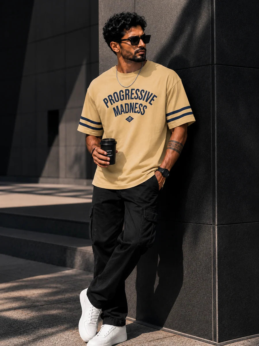 Progressive Madness Sleeve Striped Heavyweight Oversized Tee - 240 GSM